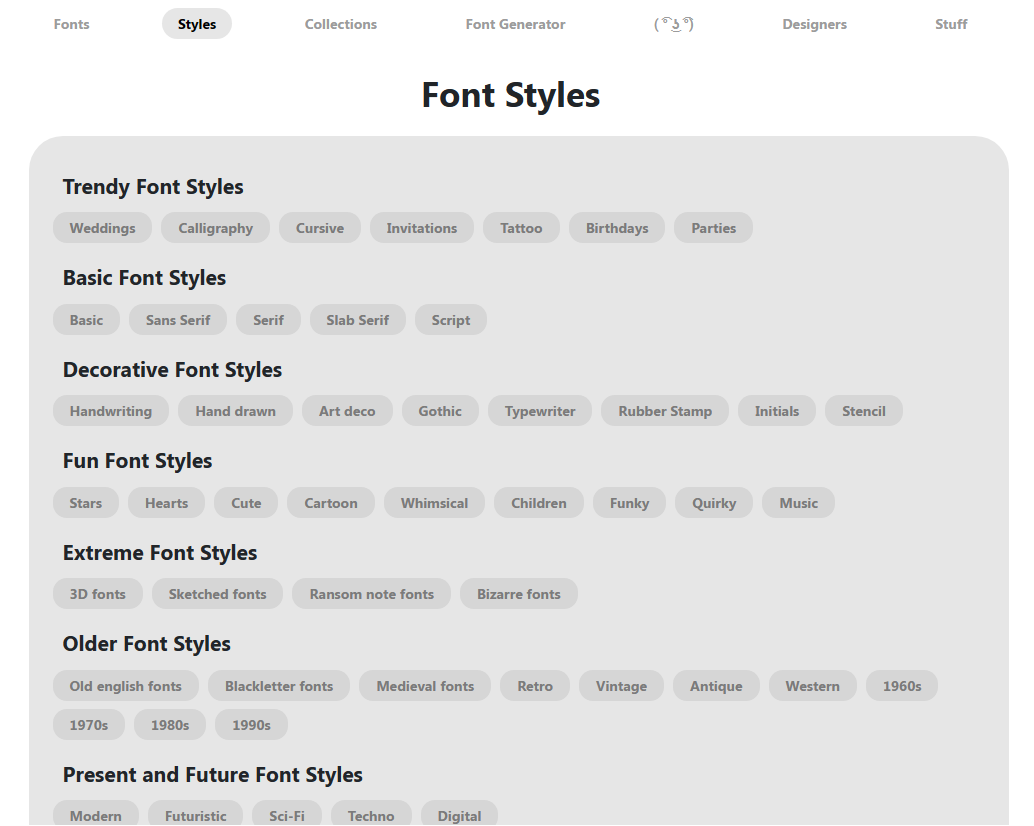 Sites para baixar fontes. Print screen do site Font Space, mostrando diferentes estilos de fontes.