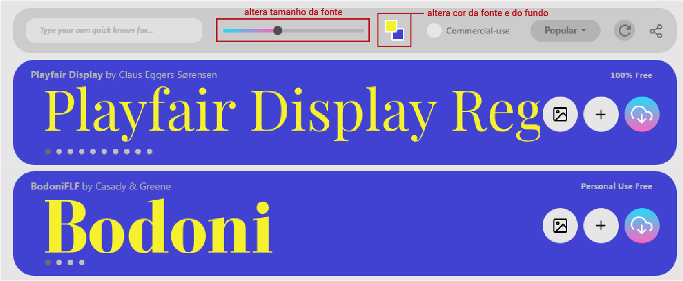 Sites para baixar fontes. Print screen do site Font Space, mostrando opção para alterar cor do fundo e da fonte.