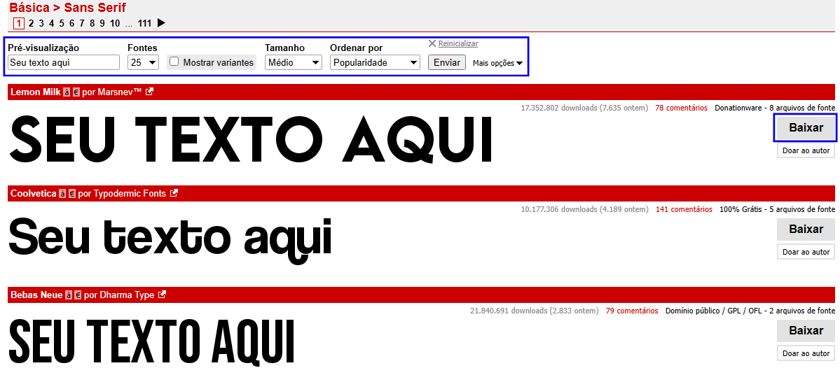 Sites para baixar fontes. Print screen do site Dafont, mostrando a tela inicial.