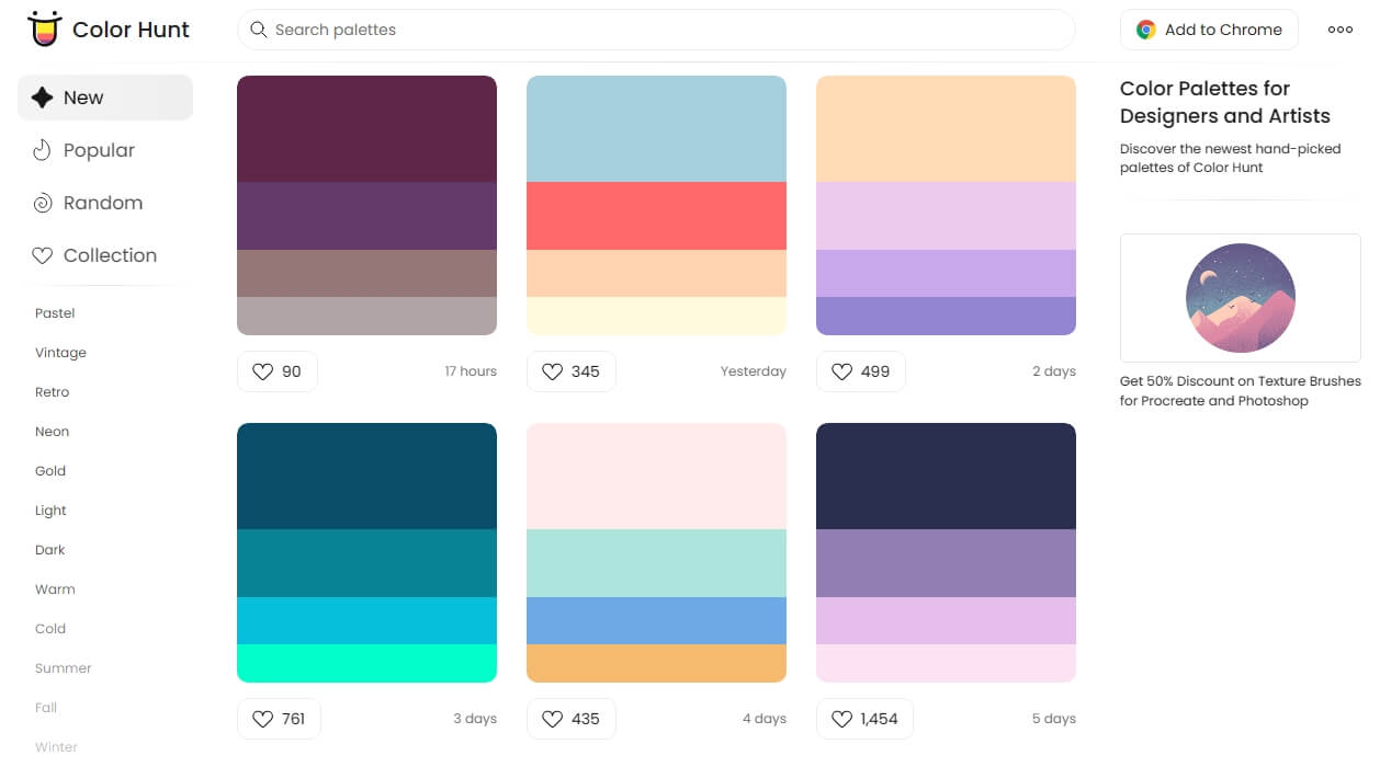 Interface do ColorHunt com algumas paletas de cores.