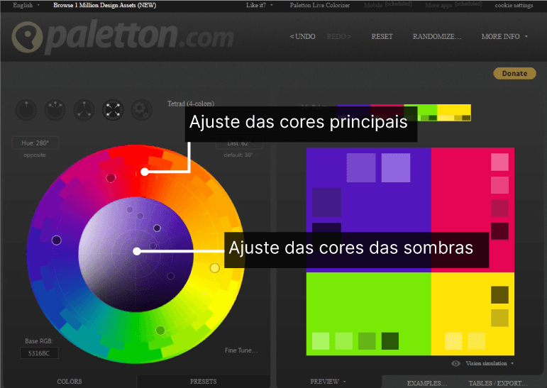 Interface da plataforma Paletton. Indicação da área de ajuste das cores principais e da gama de cores.