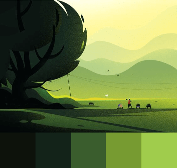 Ilustração do artista Febin Raj. Paleta de cores mostrando contraste do brilho do verde na ilustração.