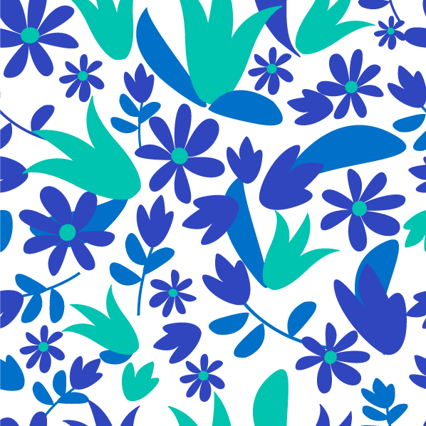 Ilustração de um padrão de flores nas cores análogas em tons de azuis.