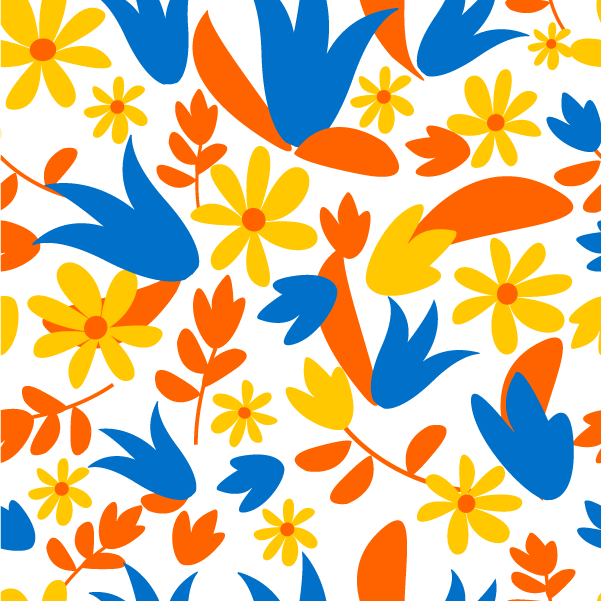 Ilustração de um padrão de flores nas cores complementar dividido azul e dois tons de laranja.