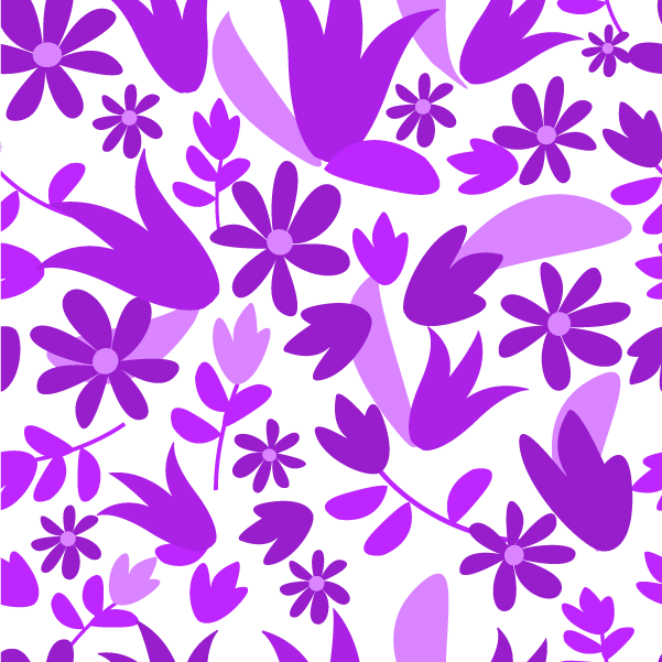 Ilustração de um padrão de flores com cores monocromáticas violetas.