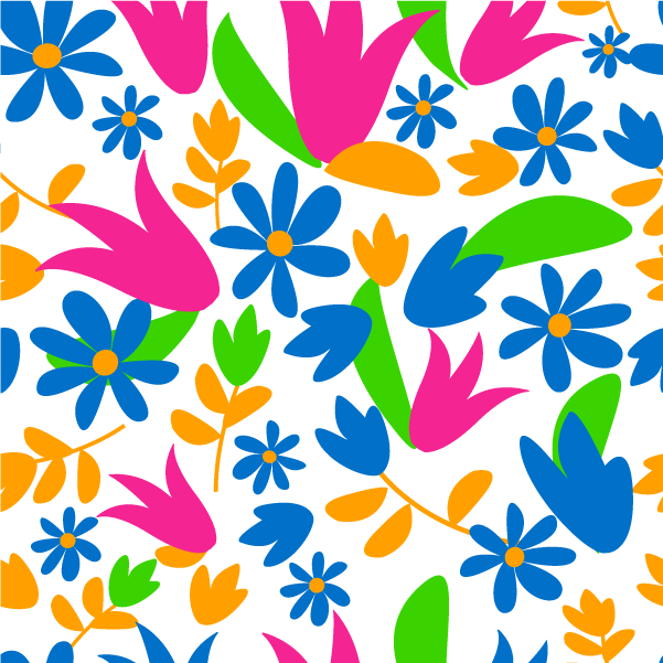 Ilustração de um padrão de flores nas cores tétrades azul, verde, laranja e rosa.