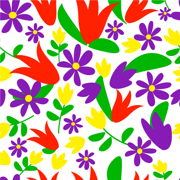 Ilustração de um padrão de flores nas cores violeta, verde, amarelo e vermelho.