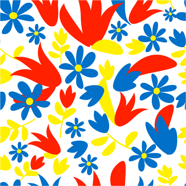 Ilustração de um padrão de flores nas cores tríades ou em triângulo azul, amarelo e vermelho.