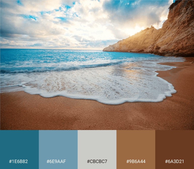 Imagem de uma praia: marrom da terra e o azul do mar formam essa paleta.
