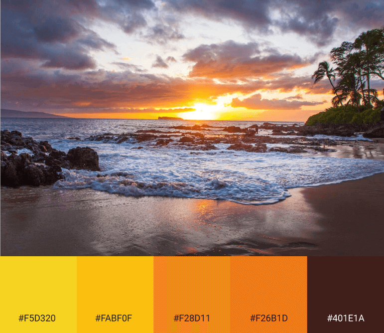 Paleta com gradação de laranjas e amarelos a partir da imagem de um nascer do sol.