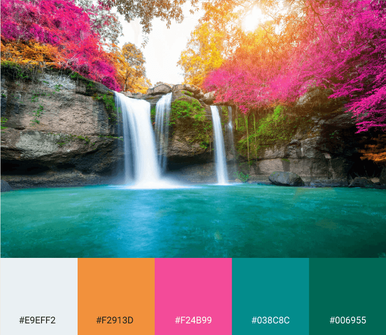 Paletas com cores suaves e vibrante. Paleta a partir de imagem de cachoeira.