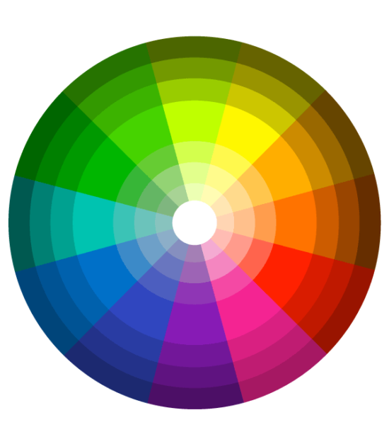Círculo cromático ou roda de cores com variações de brilho e saturação.