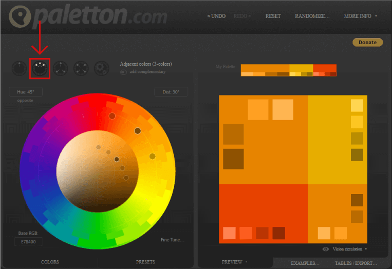Print do site Paletton mostrando a região das cores análogas.