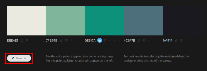 Print do site Colormind mostrando como extrair paleta de cores a partir de uma cor inicial