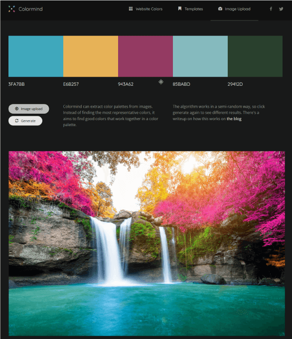 Print do site Colormind  mostrando como extrair paleta de cores de fotos