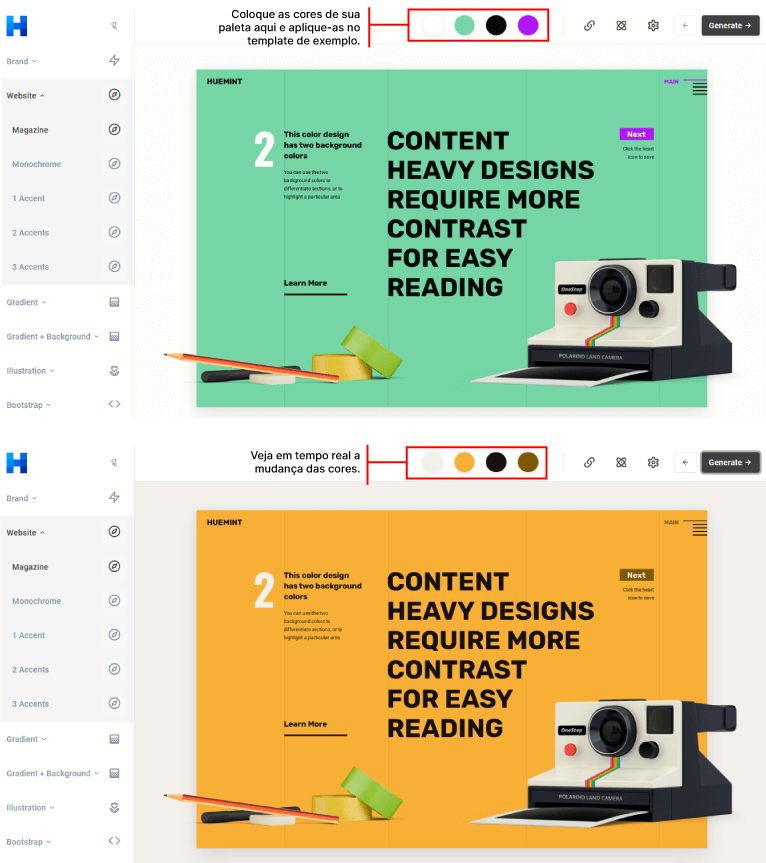 Print do site Huemint mostrando como aplicar cores em um layout.