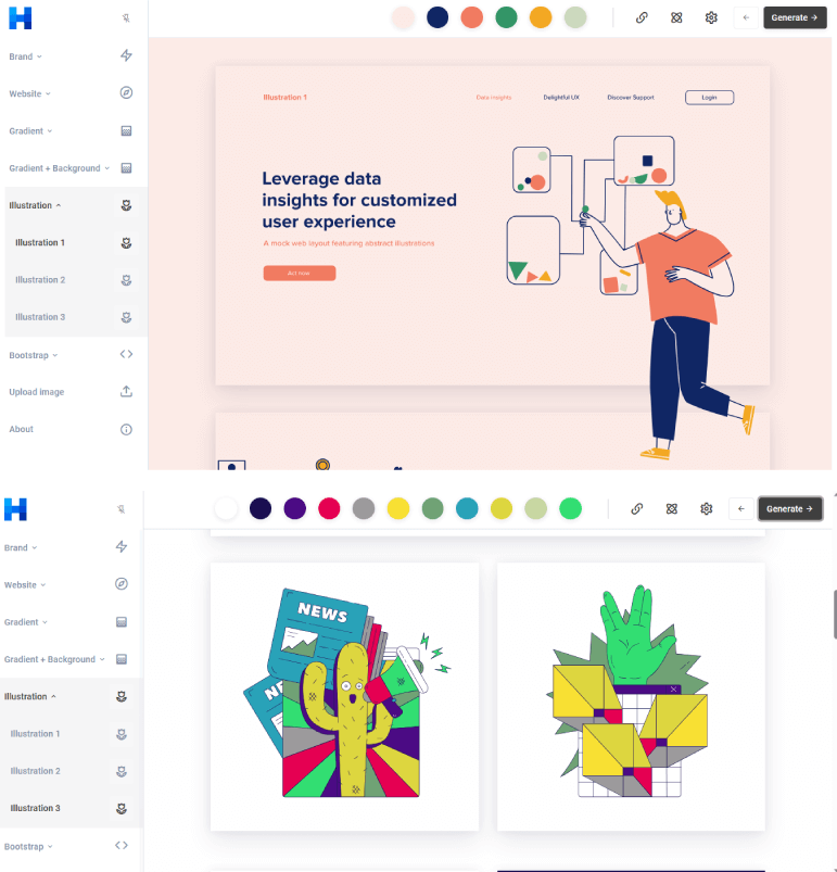 Print do site Huemint mostrando como aplicar cores em uma ilustração.