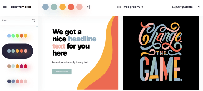 Print do site PaletteMaker mostrando aplicação de paleta de cores em uma simulação de tipografias e lettering.