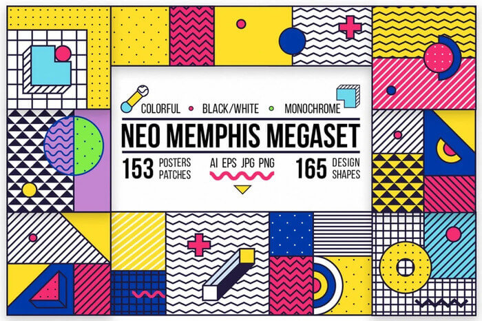 coleção de elementos e patterns coloridos no estilo Memphis
