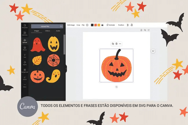 Layout do canva com os arquivos SVG com o tema Halloween para edição na plataforma.