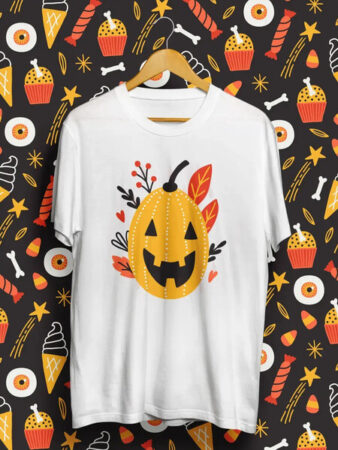 Camiseta com estampa de abóbora personalizada com uma abóbora para o tema Halloween.