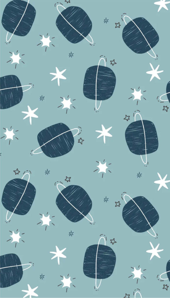 Pattern com tema espacial azul claro e escuro com desenhos de planetas e estrelas.