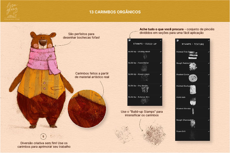 Mostra os pincéis para criar carimbos orgânicos do kit para Procreate. Desenho de um urso para exemplificar as texturas dos pincéis.