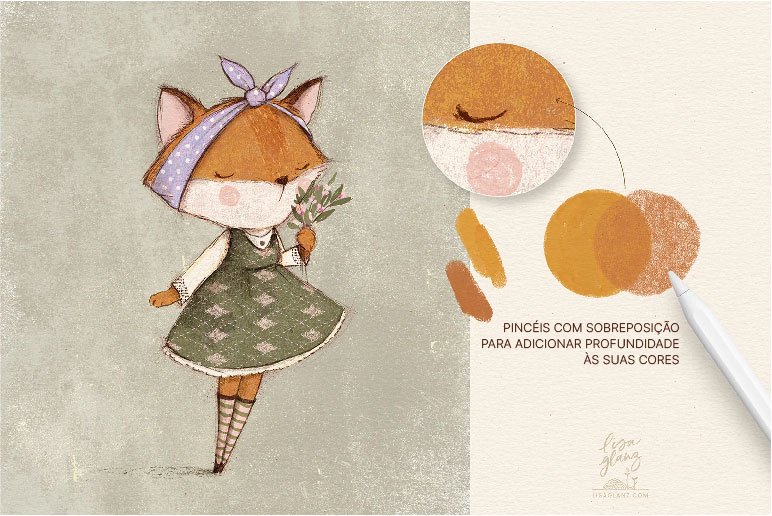 Ilustração com textura de uma raposa feminina com laço na cabeça, vestido e cheirando flores. Exemplificação dos aspectos do pincéis.