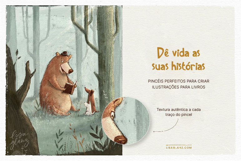 Ilustração de um personagem de urso lendo um livro para dois cachorros na floresta. Ilsutração exemplifica o aspecto dos pincéis.