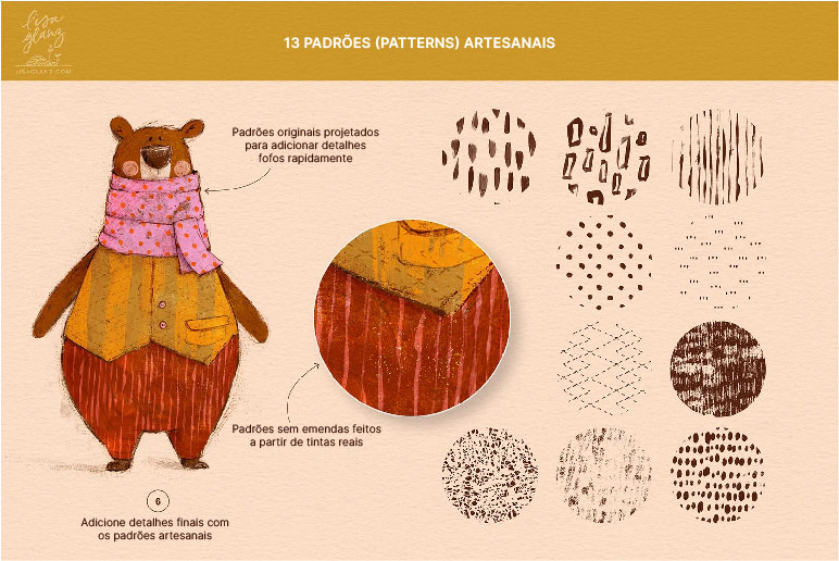 Mostra os pincéis para criar padrões texturizados do kit para Procreate. Desenho de um urso para exemplificar as texturas dos pincéis.