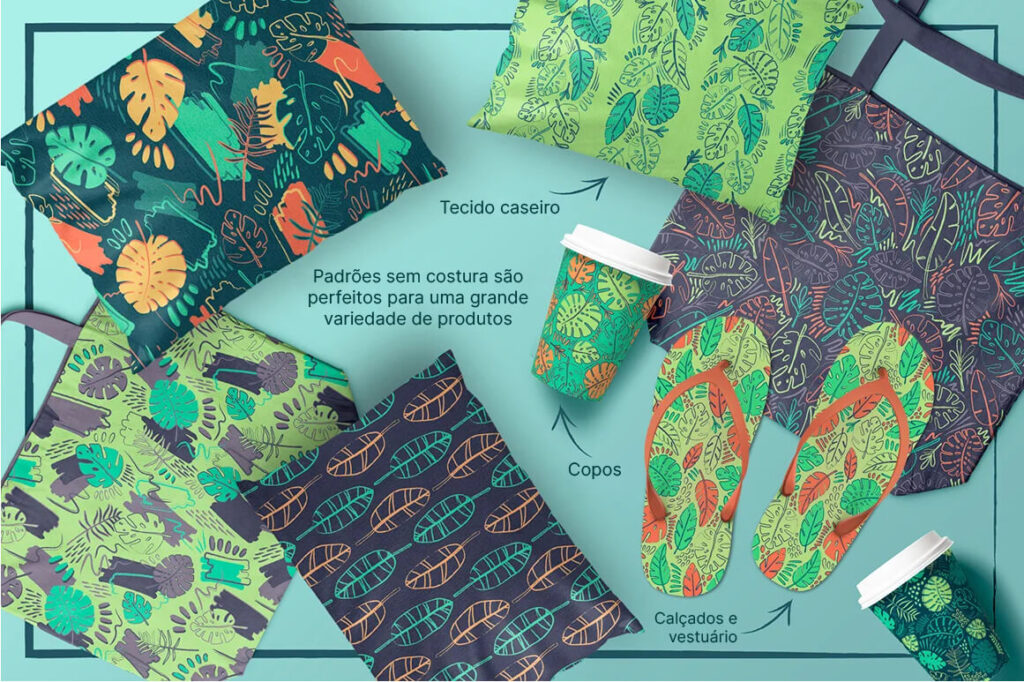 Diversos produtos como almofadas, bolsas de tecidos, copos, chinelos com estampas de folhagens tropicais.