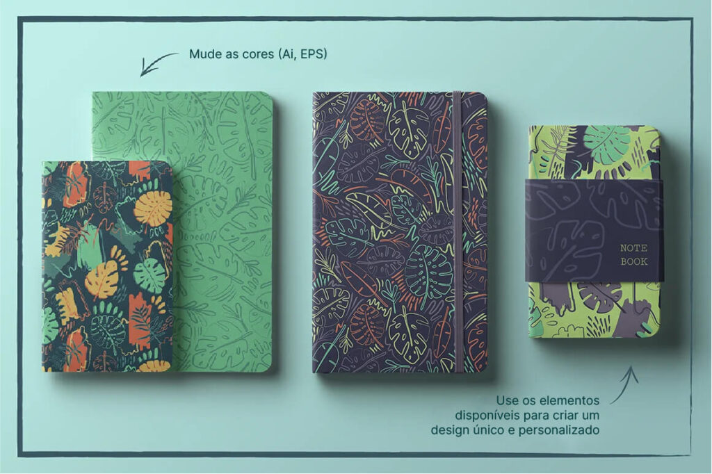 Agendas, cadernos e blocos de anotações com os padrões de folhagens tropicais estampados em suas capas.