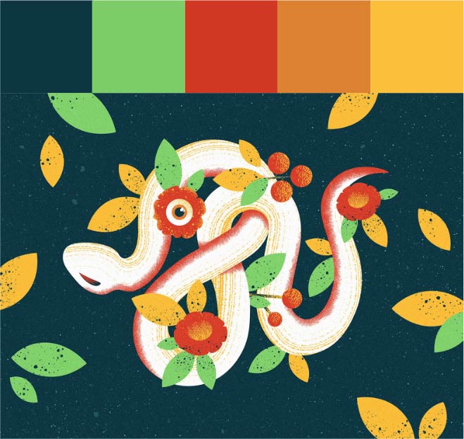 Paleta com cores verdes, vermelho, laranja e amarelo. Ilustração com textura de uma cobra entre folhas e flores.