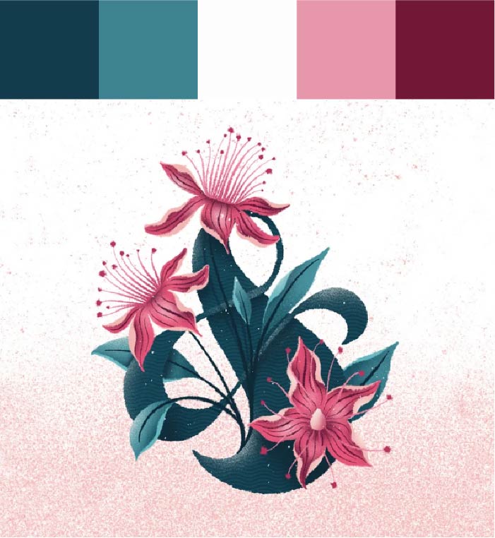 Paleta com verde, branco e rosa. Ilustração de flores.