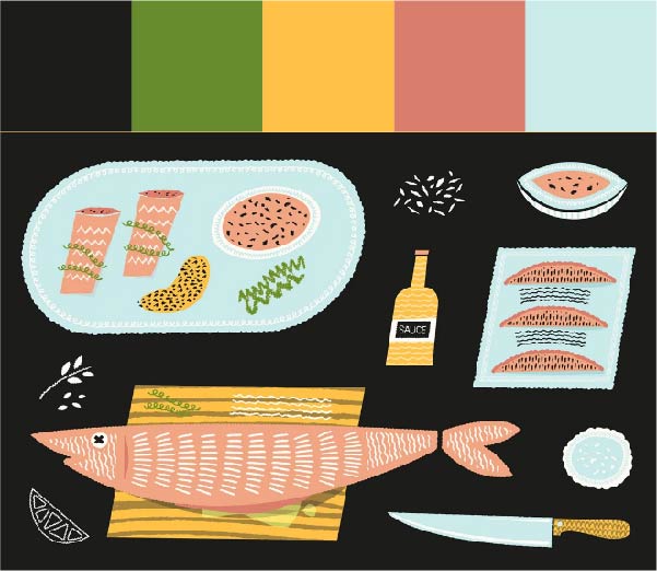 Paleta de cor com verde, amarelo, rosa e azul claro. Ilustração de comidas sobre mesa e peixe sobre uma tábua.