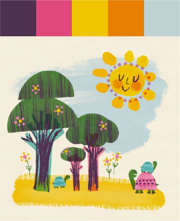 Paleta de cor com roxo, rosa, amarelo, laranja e azul. Ilustração infantil de árvores, sol e tartaruga.