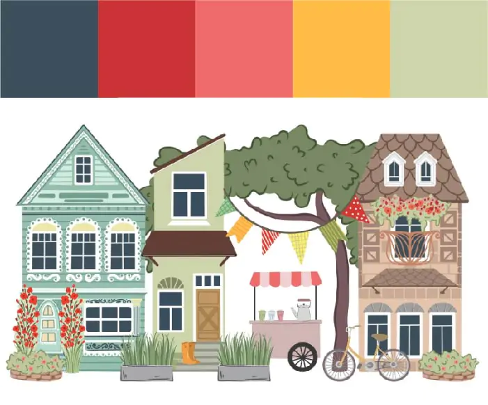 Paleta com cores cinza, vermelho, roda, amarelo. Ilustração de casinhas fofas e decoradas em um pequena cidade.