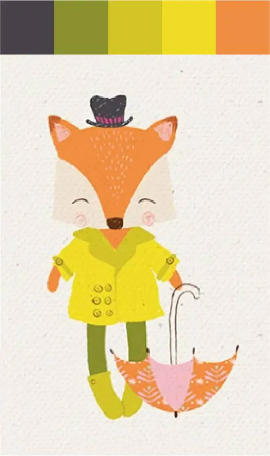 Paleta de cor com verde, amarelo e laranja. Ilustração de um personagem raposa com guarda chuva.