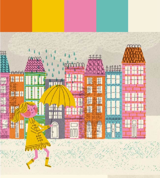 Paleta de cor laranja, amarelo, rosa, azul e branco. Prédio fofos e coloridos ao fundo. Menina feliz segurando um guarda-chuva debaixo de chuva.
