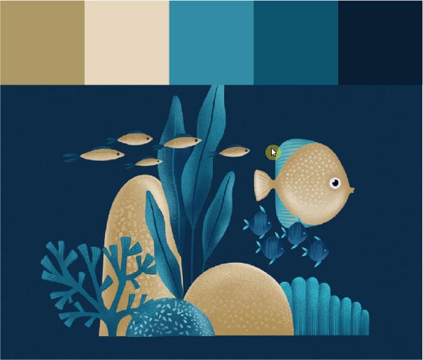 Paleta de cor com tons de azul, bege e creme. Ilustração de peixes e corais no fundo do mar.