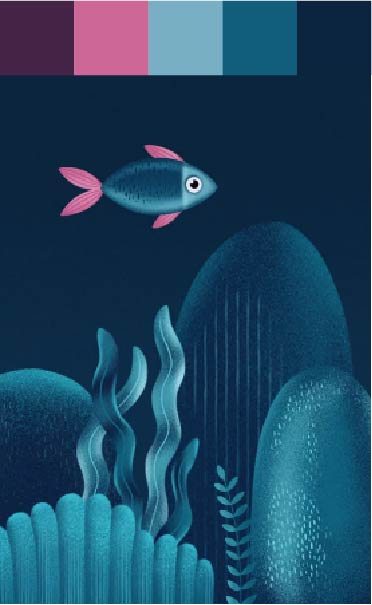 Paleta com cores vinho, rosa e azul. Ilustração de um único peixe no fundo do mar.