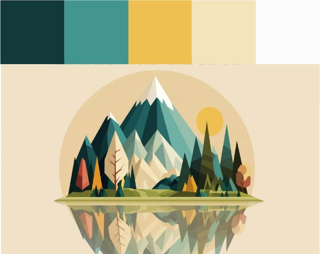 Paleta de cor com verde, amarelo, creme e branco. Ilustração de paisagem com montanhas e árvores.
