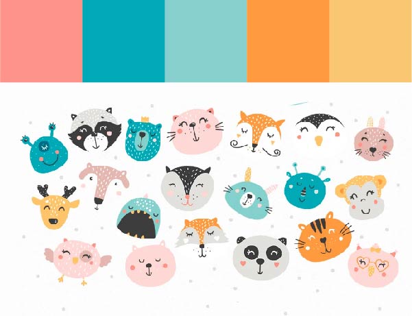 Paleta com rosa bebê, azul e laranja. Ilustração de personagens de animais fofos.