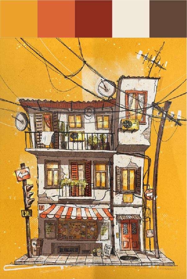Paleta com marrom, amarelo e laranja. Ilustração de um prédio.