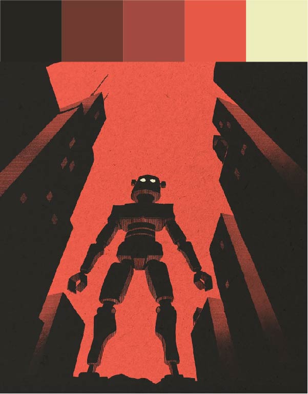 Paleta de cor com tons de vermelho. Ilustração de um robô gigante entre prédios.